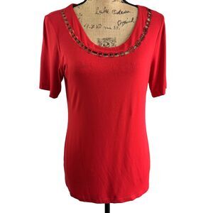Rubamori Milano Red Sequined Round Neck Short Sleeve Soft T-Shirt Top Sz 10/46